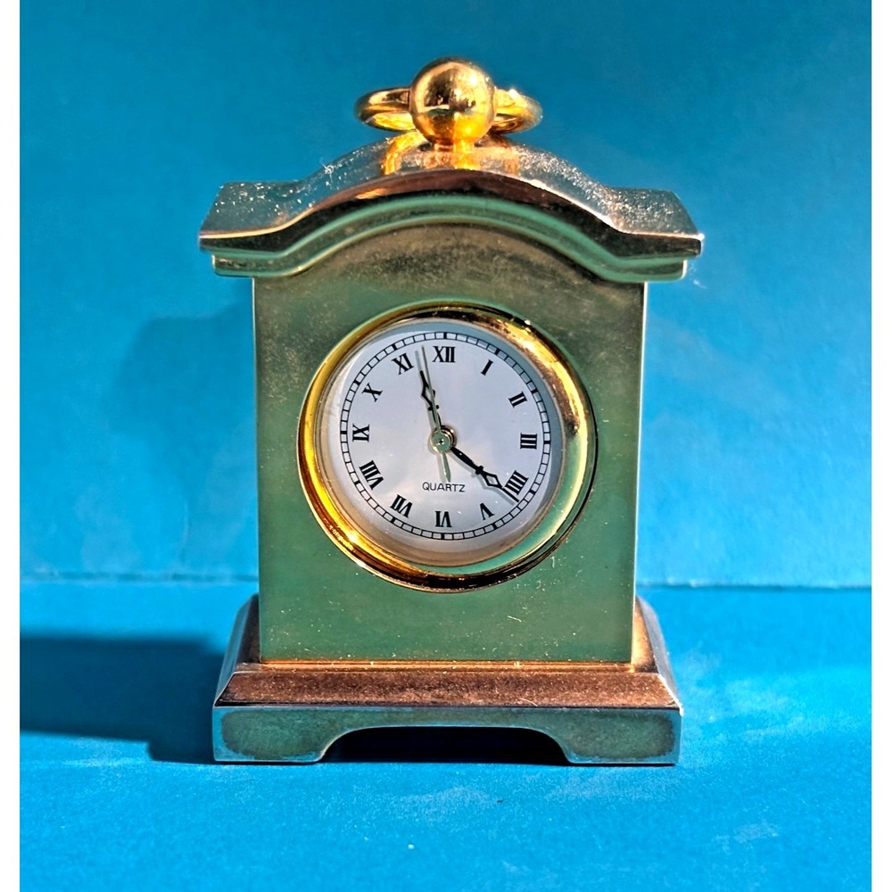 Vintage Mini Brass Quartz Mantel Desk Clock Roman Numerals Hong Kong Gold